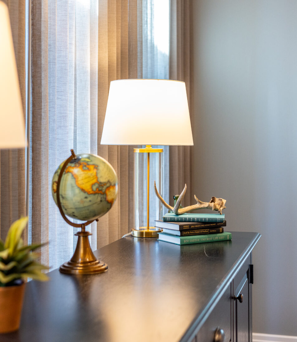 Desk with lamp, globe and books