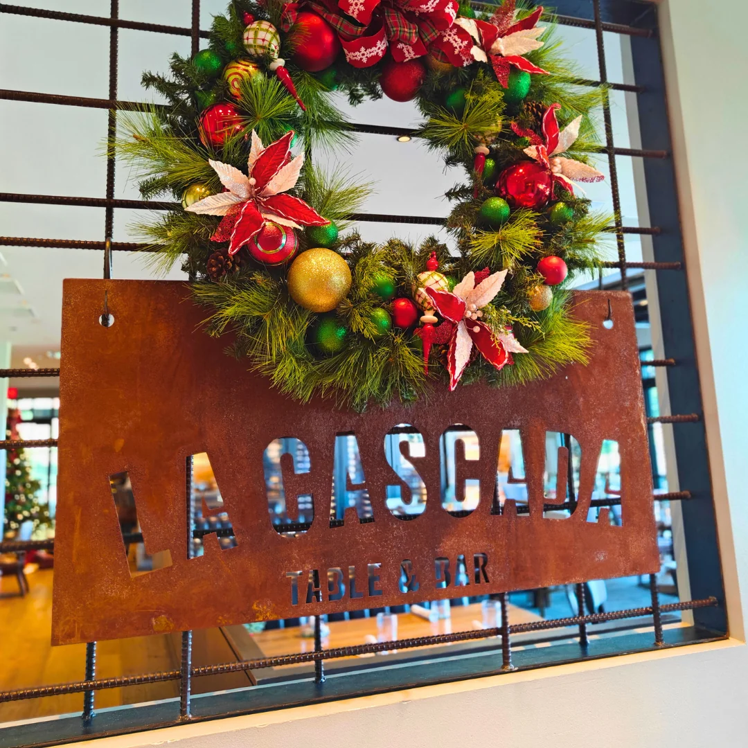 La Cascada Restaurant Sign with Christmas Wreath