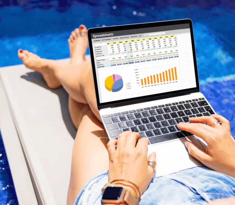 Woman with Laptop by Pool